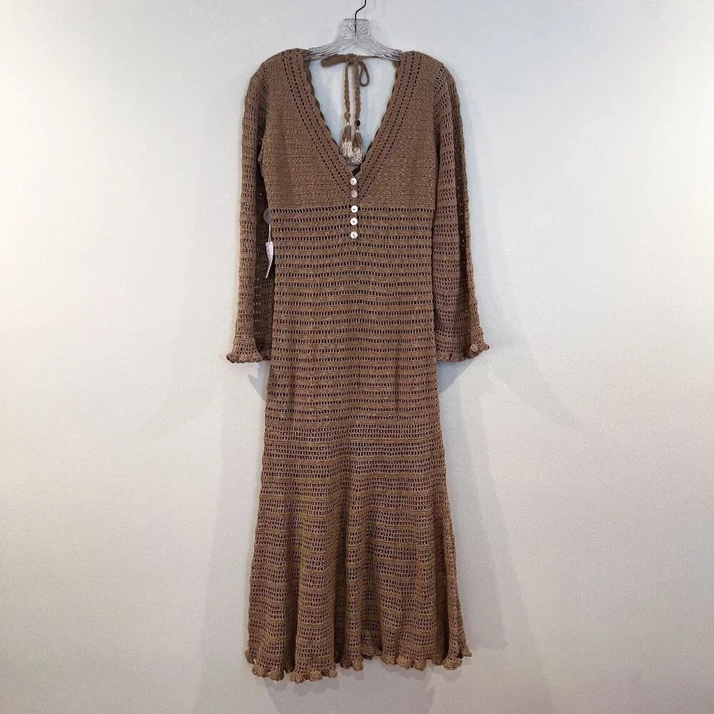 She Made Me Tan Brown Crochet Knit Beach Cover Up Adjustable Maxi Dress L NWT